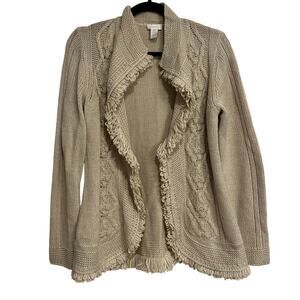 Chico's Sweater Open Front Cardigan Cable Knit Light Beige Wool Blend Small